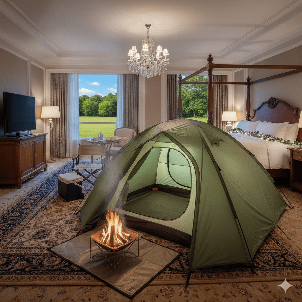 A beautiful tent in a field, representing the choice between outdoors and comfort.